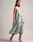 Blue Cotton Linen Tropical Tiered Dress