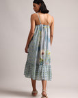 Blue Cotton Linen Tropical Tiered Dress