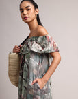 Grey Cotton Linen Floral Off Shoulder Dress