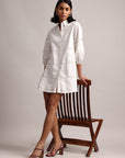 White Cotton Schiffli Embroidered Shirt Dress