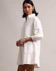 White Cotton Schiffli Embroidered Shirt Dress