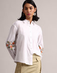 White Cotton Embroidered Puff Sleeve Shirt Style Top