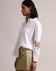 White Cotton Embroidered Puff Sleeve Shirt Style Top