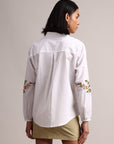 White Cotton Embroidered Puff Sleeve Shirt Style Top