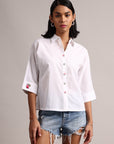 White Cotton Solid Shirt Style Top