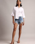 White Cotton Solid Shirt Style Top