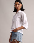 White Cotton Solid Shirt Style Top