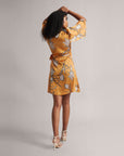 Amber Yellow Abstract Print Wrap Tie-Up Dress