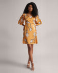 Amber Yellow Abstract Print Wrap Tie-Up Dress