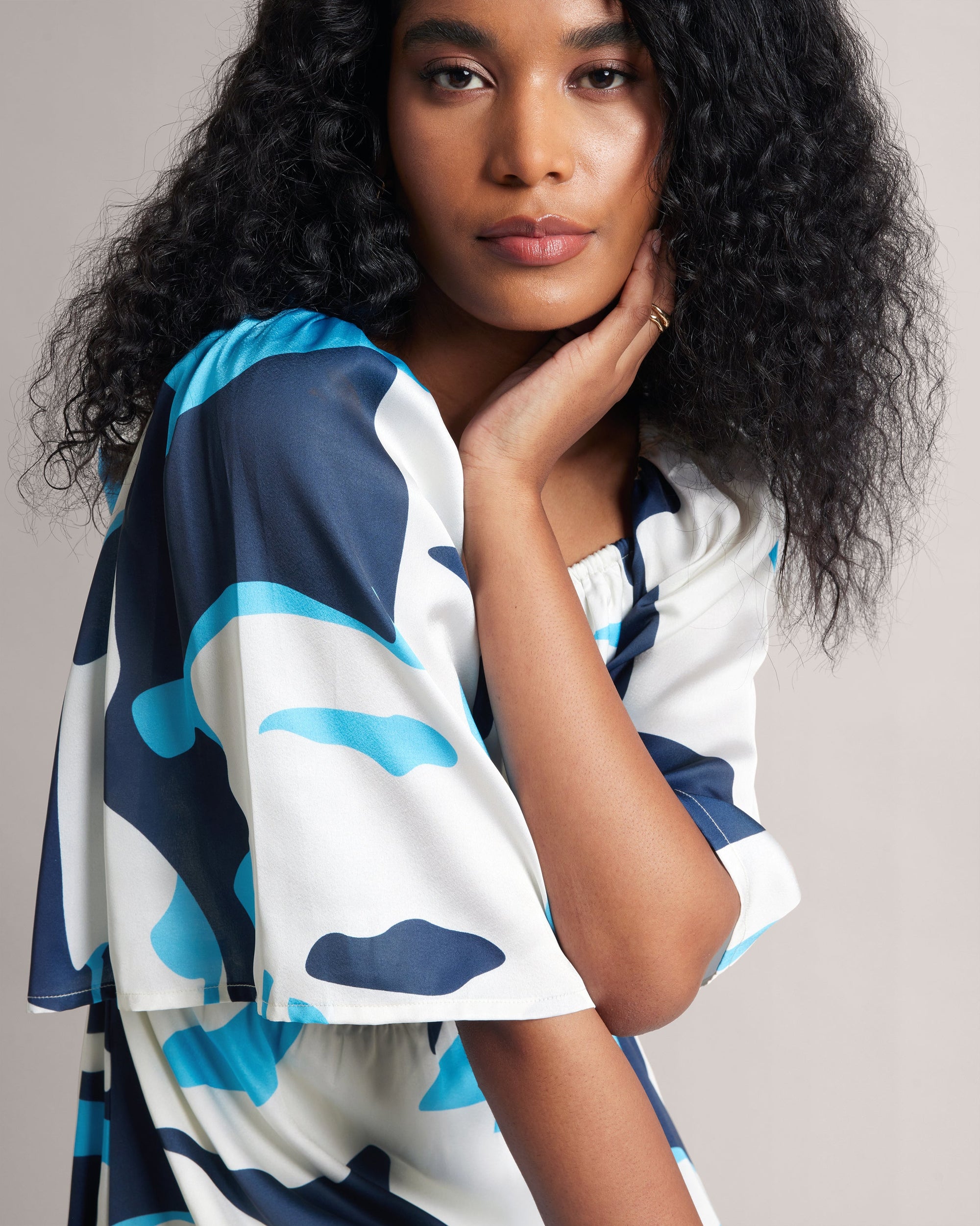 White and Blue Fit and Flare Dress With Back Tie-Up