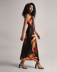 Black Fiery Printed One-Shoulder Slit Maxi Dress