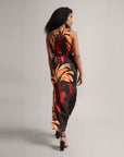 Black Fiery Printed One-Shoulder Slit Maxi Dress