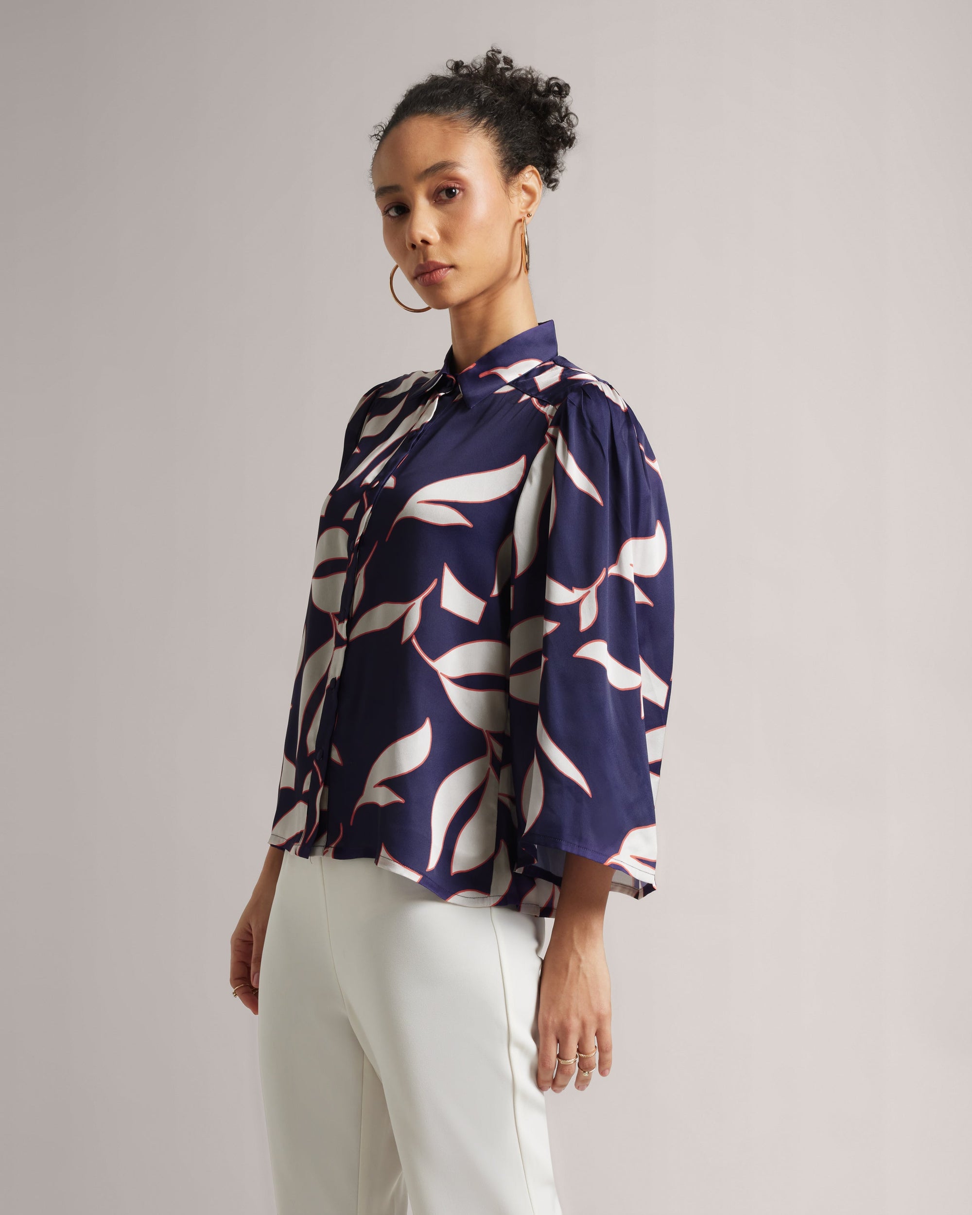 Purple Floral Bell-Sleeved Shirt