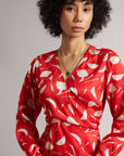 Red Abstract Print Wrap Dress With Side Slit