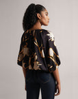 Black Abstract Floral Boatneck Top