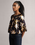 Black Abstract Floral Boatneck Top