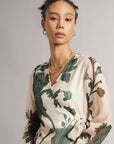 Cream Wrap Dress With Green Floral Print