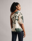 Cream  One-Shoulder A-Line Top With Green Floral Print