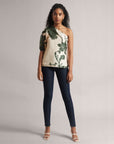 Cream  One-Shoulder A-Line Top With Green Floral Print