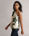 Cream  One-Shoulder A-Line Top With Green Floral Print