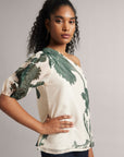 Cream  One-Shoulder A-Line Top With Green Floral Print