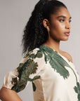 Cream  One-Shoulder A-Line Top With Green Floral Print