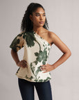 Cream  One-Shoulder A-Line Top With Green Floral Print