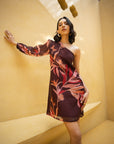 Chestnut Maroon One Shoulder Floral A-Line Dress