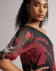 Charcoal Black Fiery Print One-shoulder Top