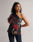 Charcoal Black Fiery Print One-shoulder Top