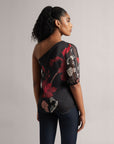 Charcoal Black Fiery Print One-shoulder Top