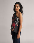 Charcoal Black Fiery Print One-shoulder Top