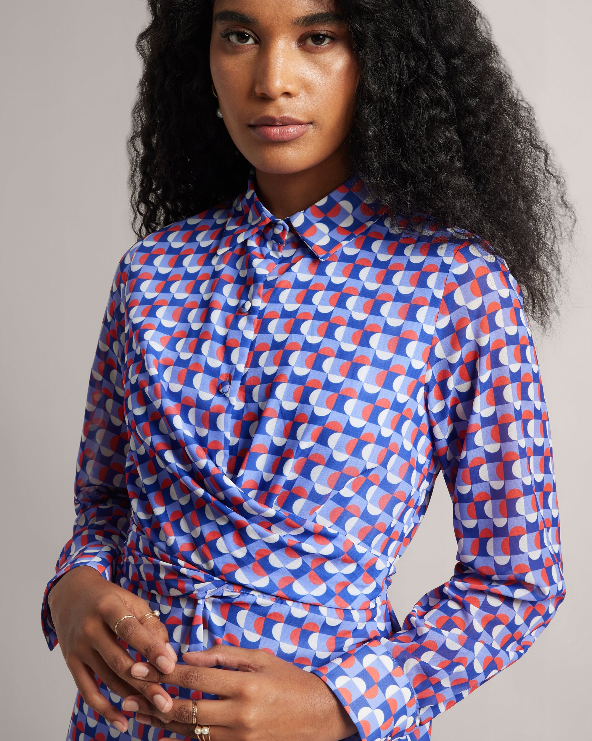 Multicolor Geometry Back Tie-Up Shirt Midi Dress