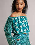 Teal Off-Shoulder Geometric Co-Ord Set