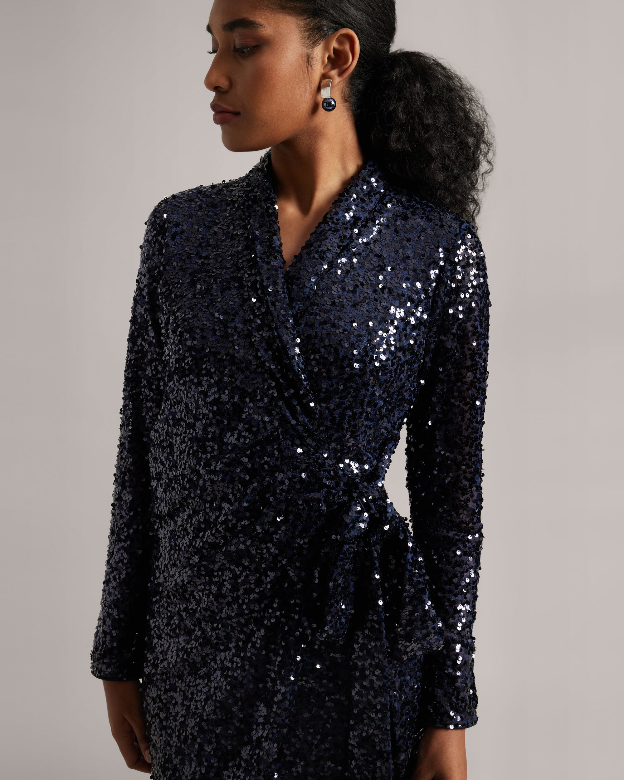 Navy Blue Sequin Wrap Dress