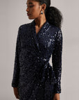 Navy Blue Sequin Wrap Dress