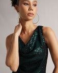 Teal Green Sequin Cowl Neck Dress