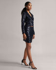 Navy Sequin Crop Blazer and Skirt Co-Ord Set