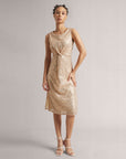 Champagne Beige Front Knot Sequin Midi Dress With Side Slits