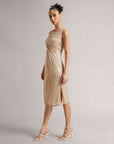 Champagne Beige Front Knot Sequin Midi Dress With Side Slits