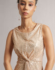 Champagne Beige Front Knot Sequin Midi Dress With Side Slits